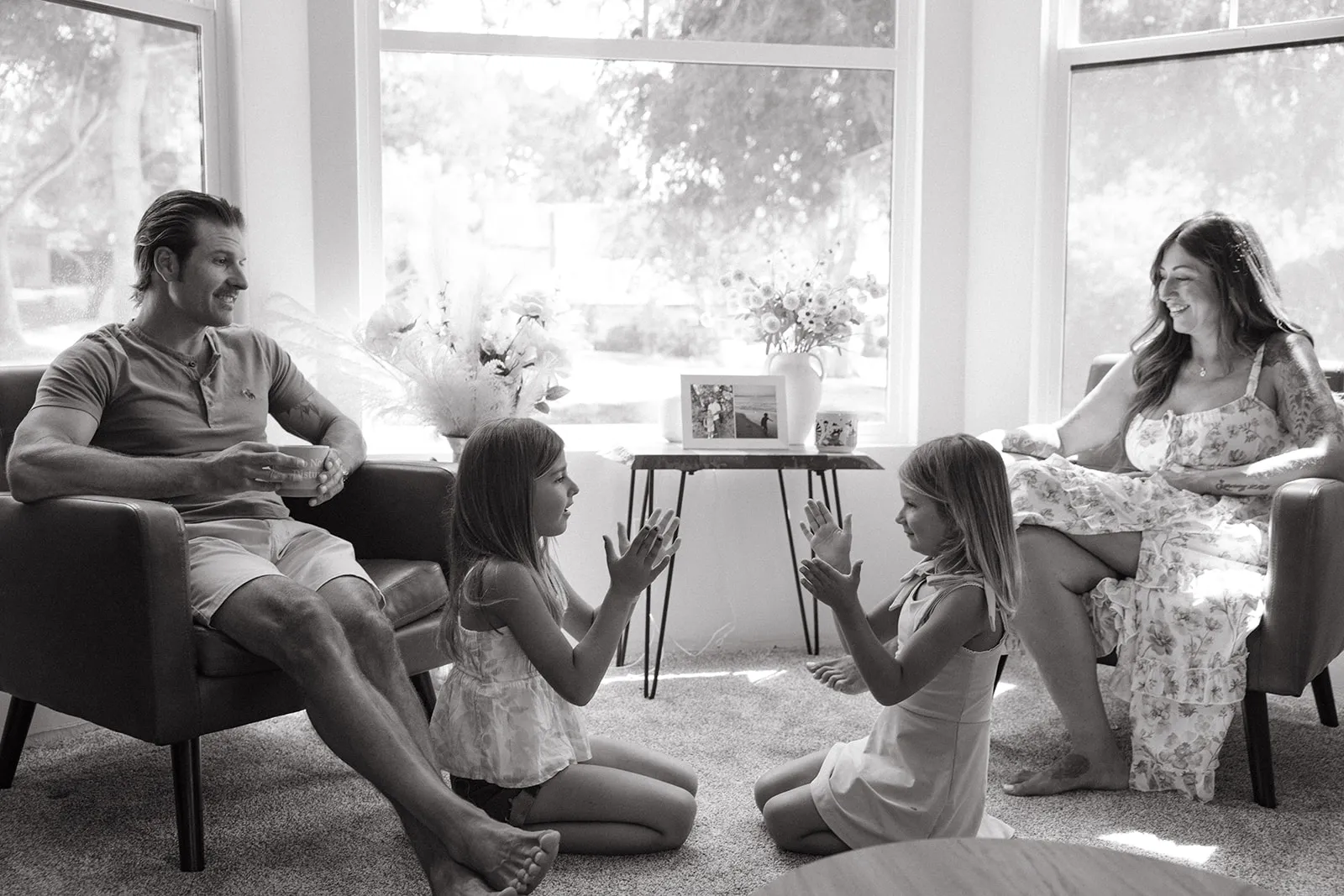 A family talking together in their living room